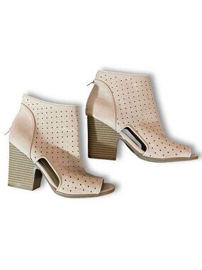 Rampage Open Toe Rhinestone Punch Ankle Booties Stacked Chunky Heel Dusty Pink